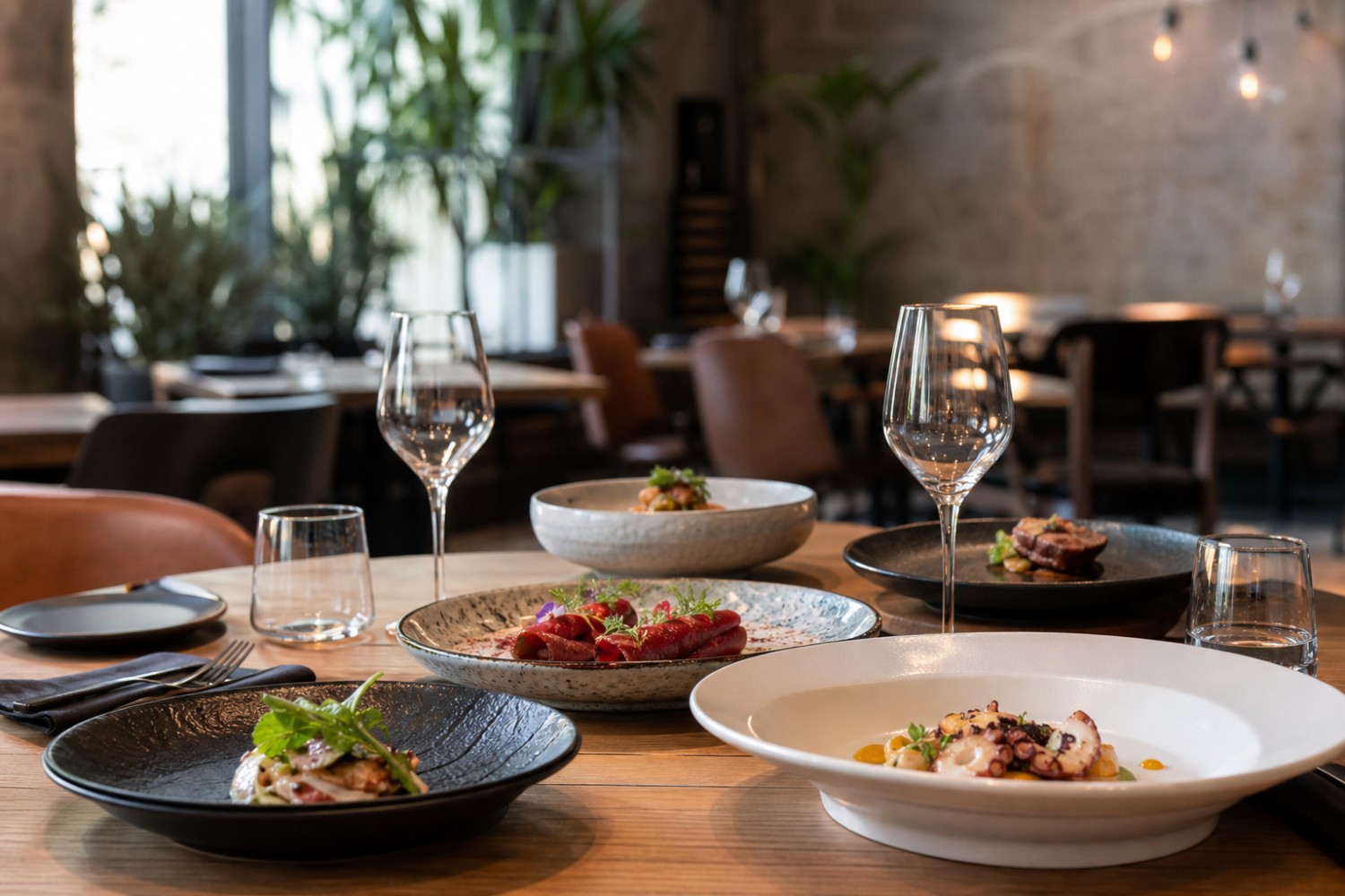 Tavolo di ristorante con piatti gourmet e calici